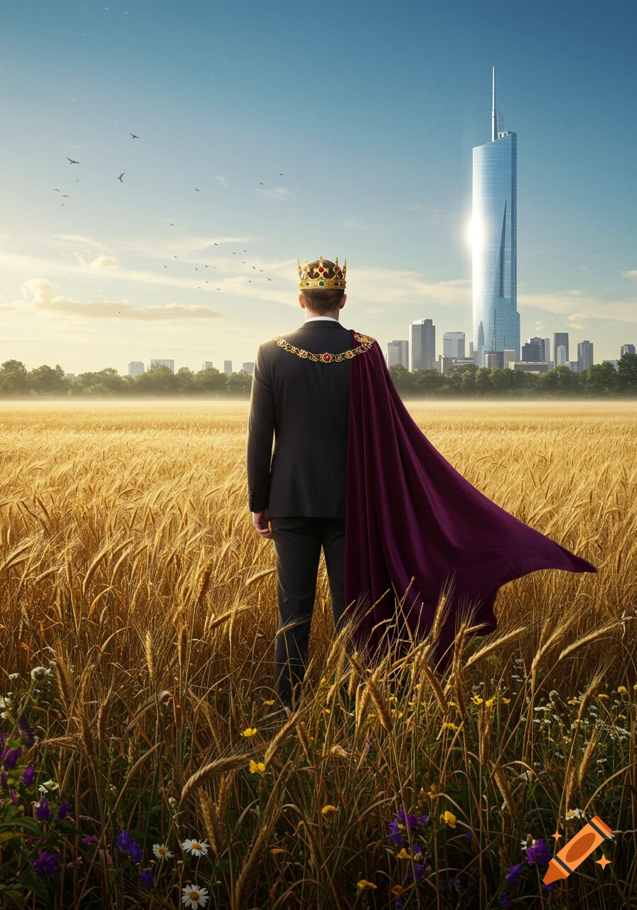 A man in a suit, crown, and flowing purple cape stands in a golden wheat field, gazing at a distant modern city skyline.