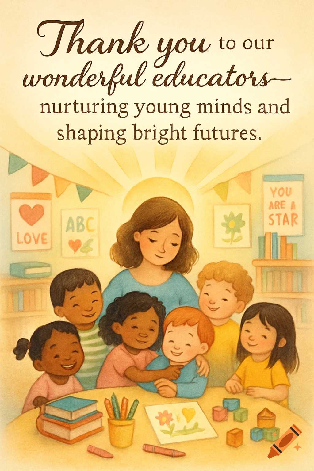 Watercolor illustration of a teacher with diverse children in a classroom, with thank you text to educators.