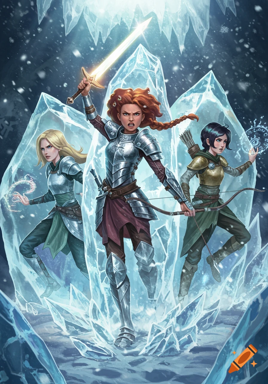 Three female fantasy warriors in armor stand fiercely among glowing ice shards in a frozen cavern, ready for battle.