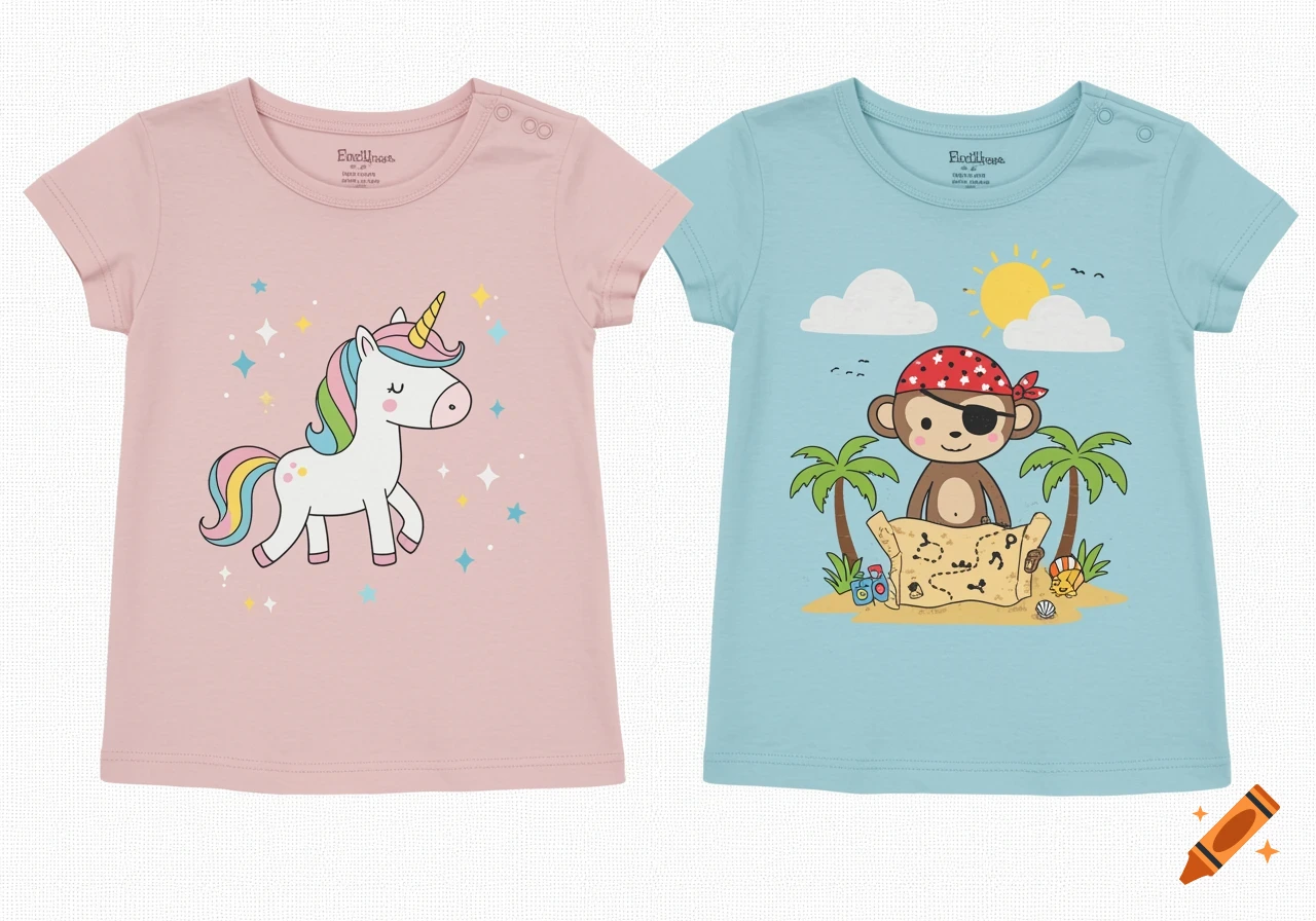 Two baby t-shirts. One pink with a colorful cartoon unicorn, the other blue with a cartoon pirate monkey holding a treasure map under palm trees.