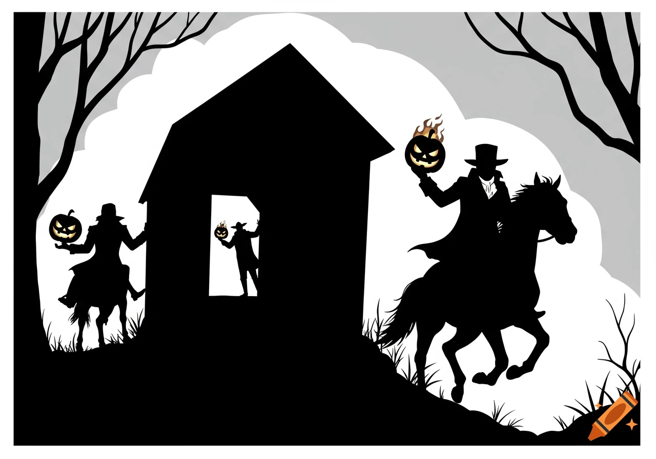 Black silhouettes of the Headless Horseman riding a horse with a flaming pumpkin, chasing Ichabod Crane near a house and trees.