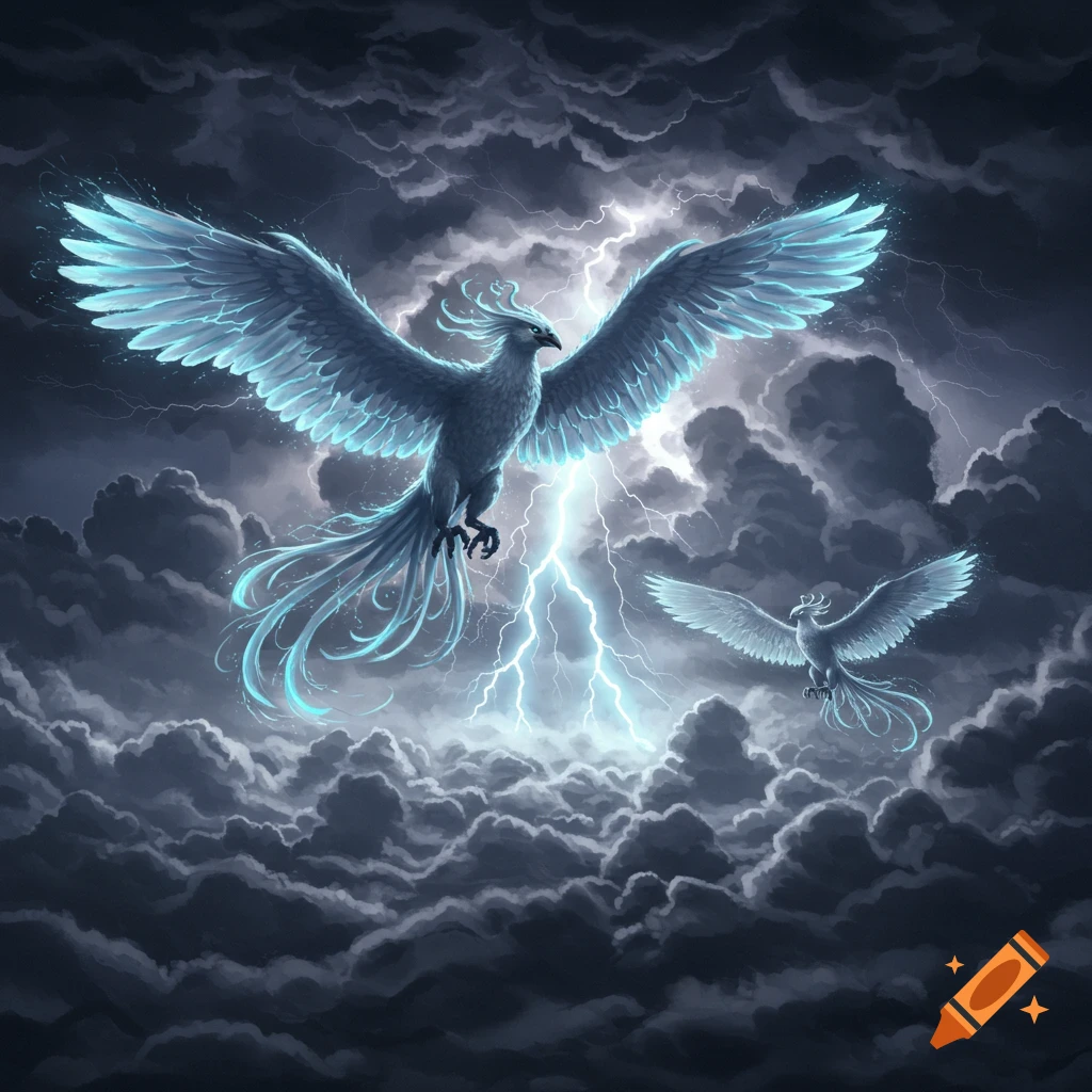 Two majestic glowing blue phoenix-like birds fly through a dark, stormy sky with bright lightning.