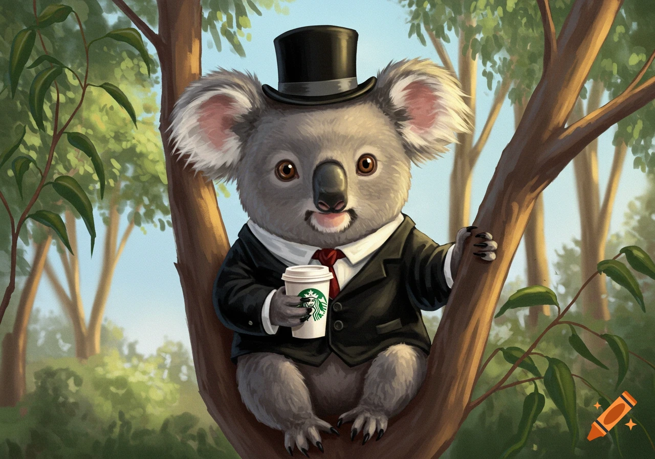 A cute koala wearing a black suit and top hat sits in a tree, holding a Starbucks cup. Illustrated art style.