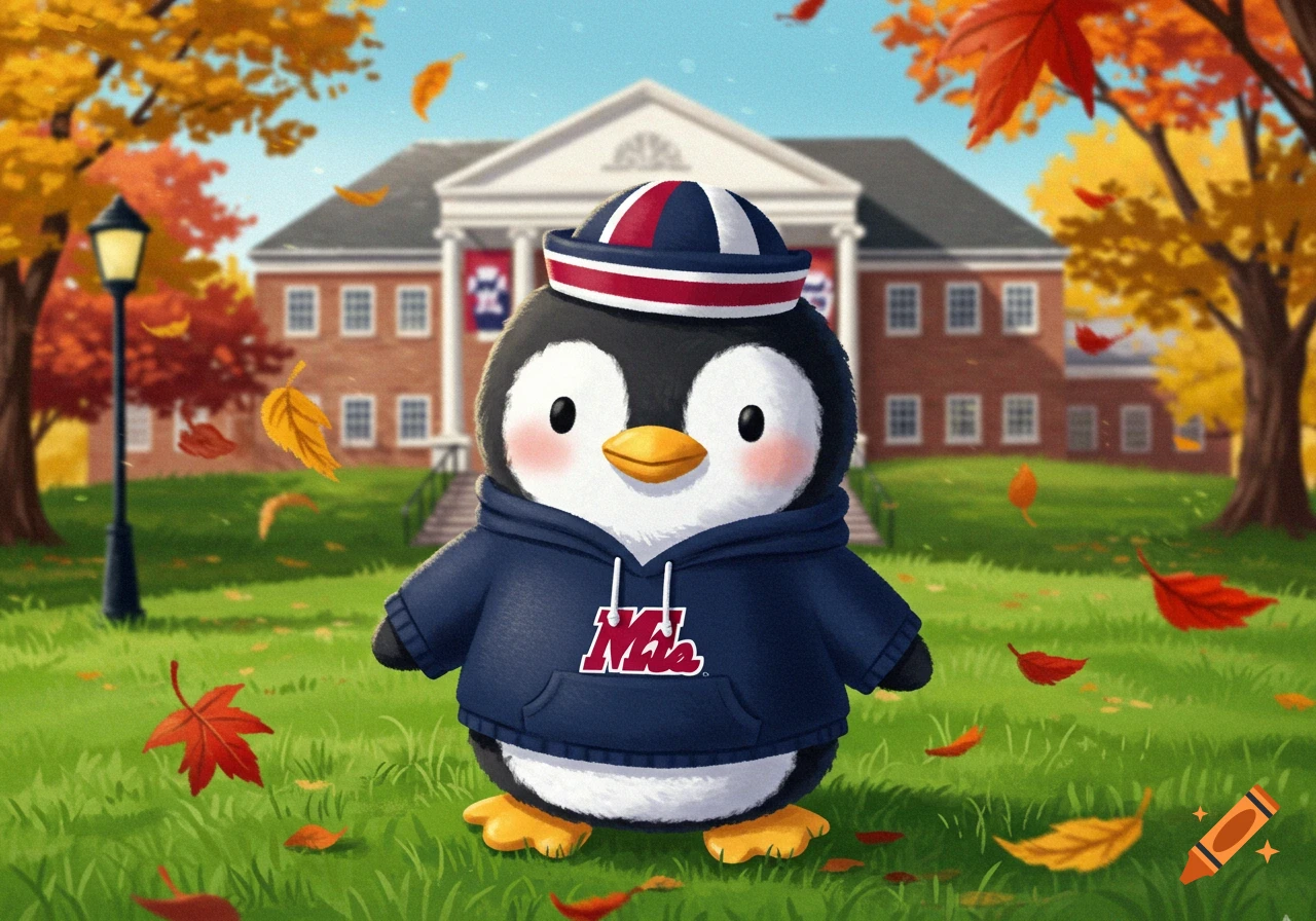 A cute cartoon penguin in a blue hoodie and striped hat stands on a grassy university lawn in autumn with colorful leaves.