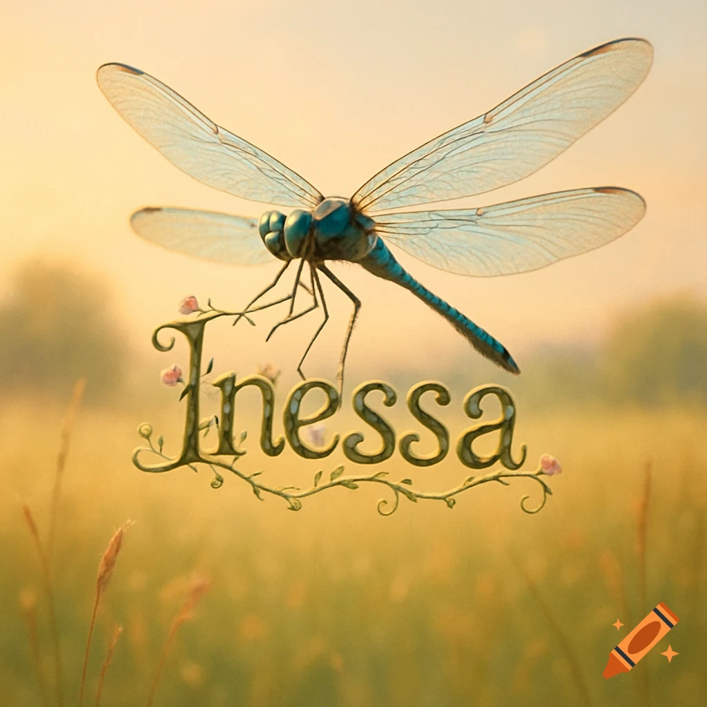 A vibrant blue dragonfly hovers over the word 'Inessa' stylized with vines and small flowers, set against a warm, sunlit field background.