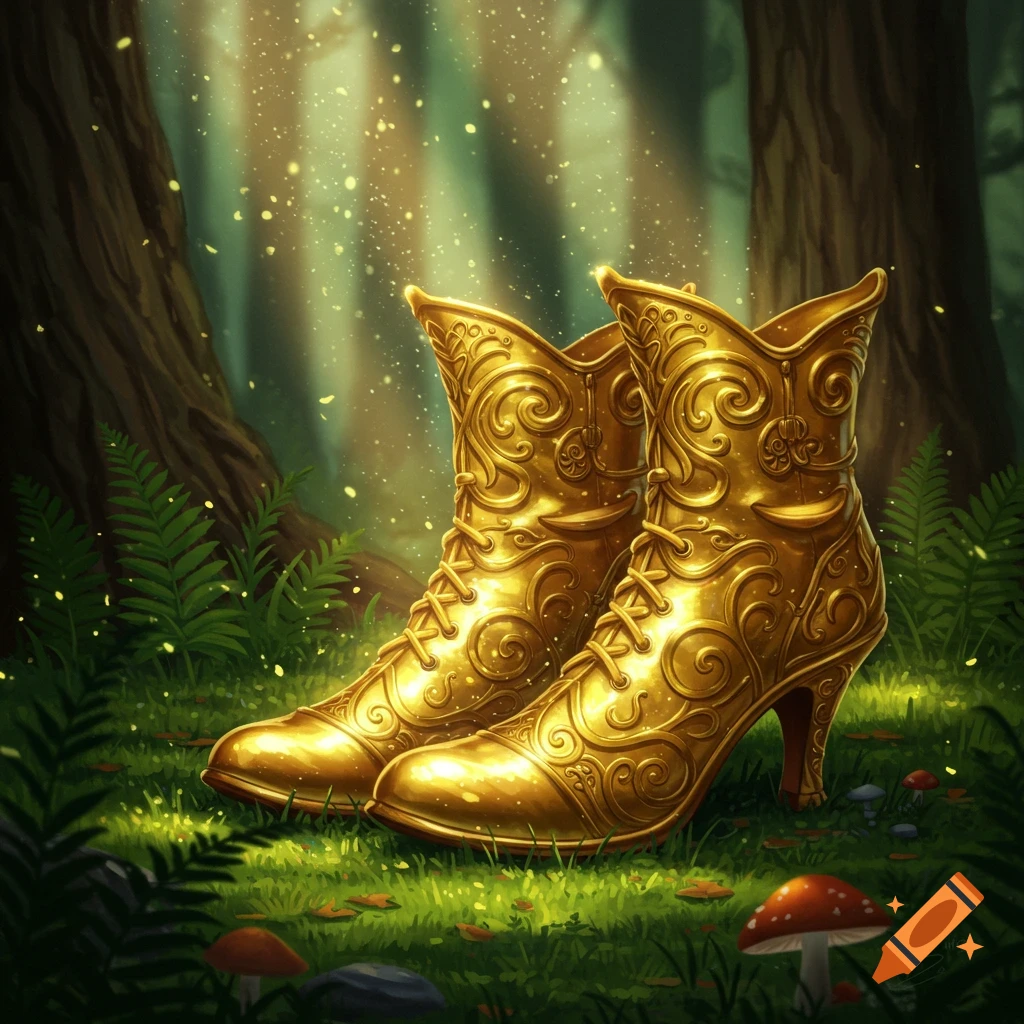 A pair of ornate golden boots with intricate designs on a lush forest floor, with sparkling light filtering through trees, in a fantasy art style.
