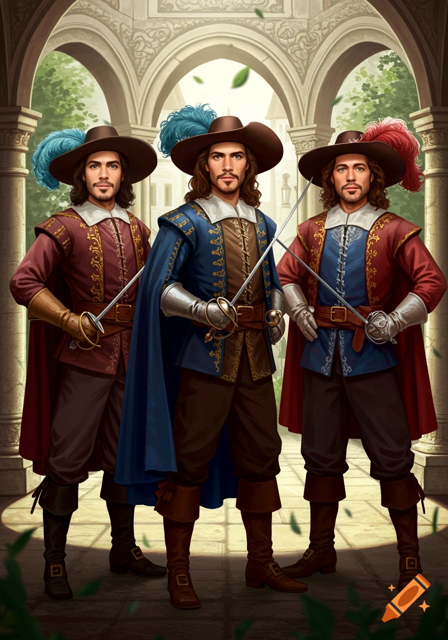 Three men dressed as musketeers with swords pose in an arched courtyard.