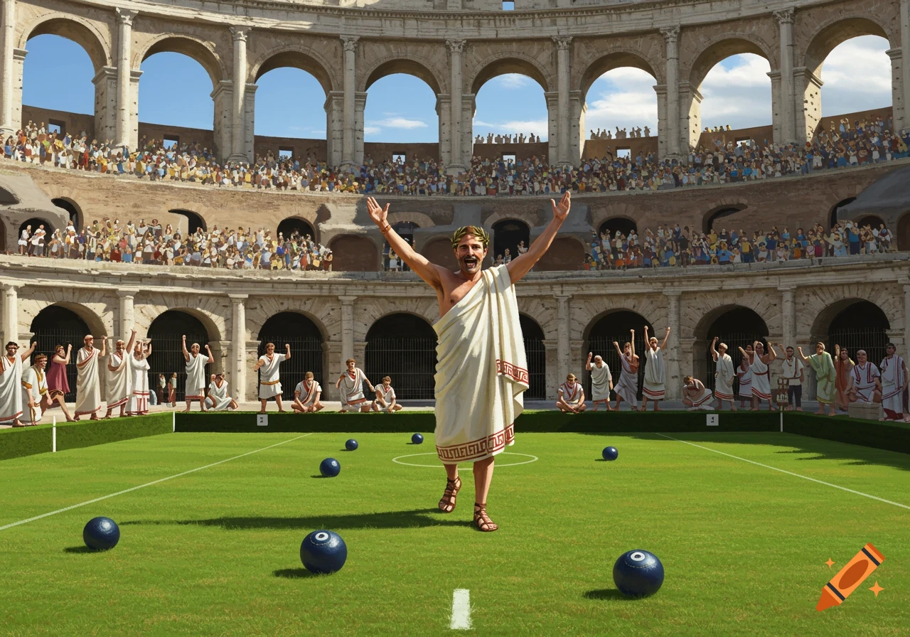 A man in a toga celebrates wildly on a green lawn inside the Colosseum, which is filled with spectators and bowling balls.