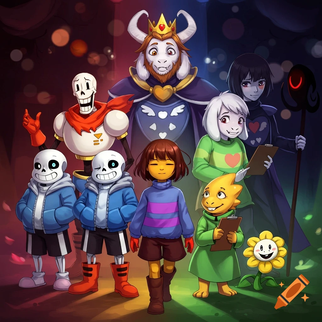 A group of Undertale characters including Frisk, Papyrus, Sans, Asgore, Asriel, Alphys, Chara, and Flowey, standing together in a colorful, cartoonish style.