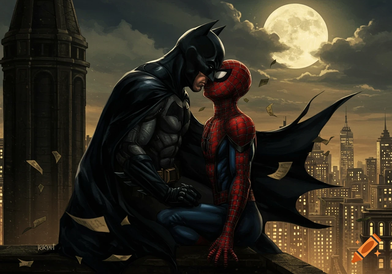 Batman and Spider-Man kiss on a rooftop at night, a full moon and city skyline in the background, in a comic art style.