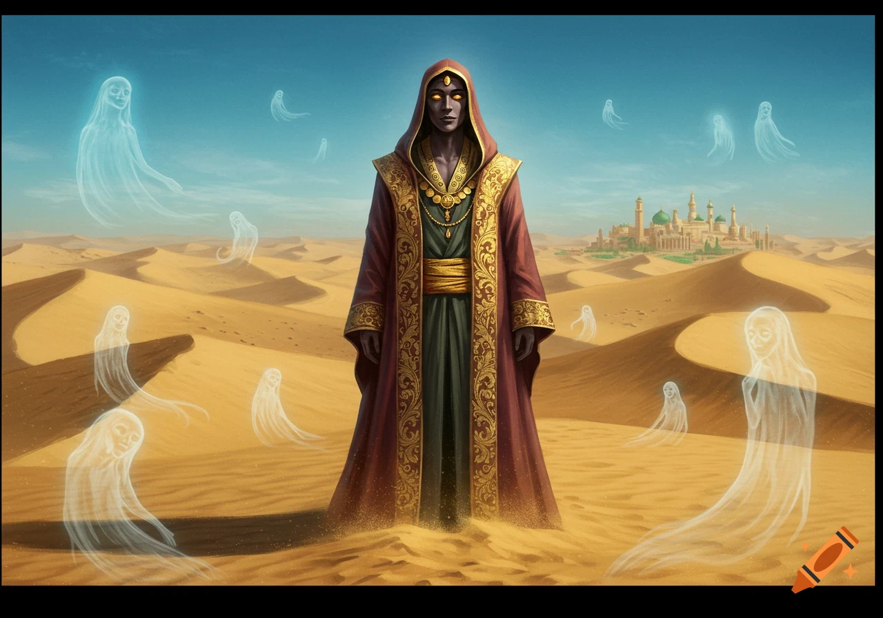 A dark-skinned hooded figure with glowing eyes stands in a desert surrounded by floating ghosts, a city visible in the distance.