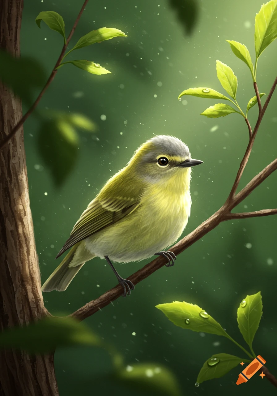 A small green and gray vireo bird perches on a branch with dewy green leaves against a soft green background.