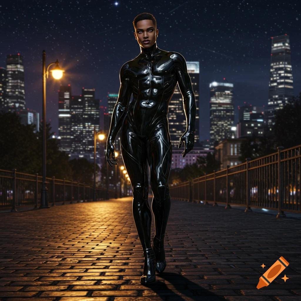 A person in a shiny black form-fitting suit walks on a cobbled bridge at night with a city skyline and starry sky in the background.