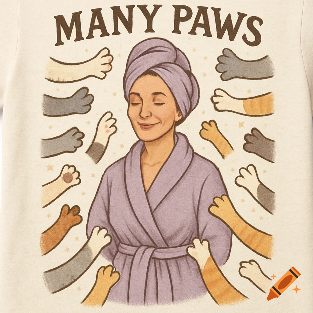 Illustrated T-shirt design showing a smiling woman in a robe and towel surrounded by many cat paws and the text 'MANY PAWS'.