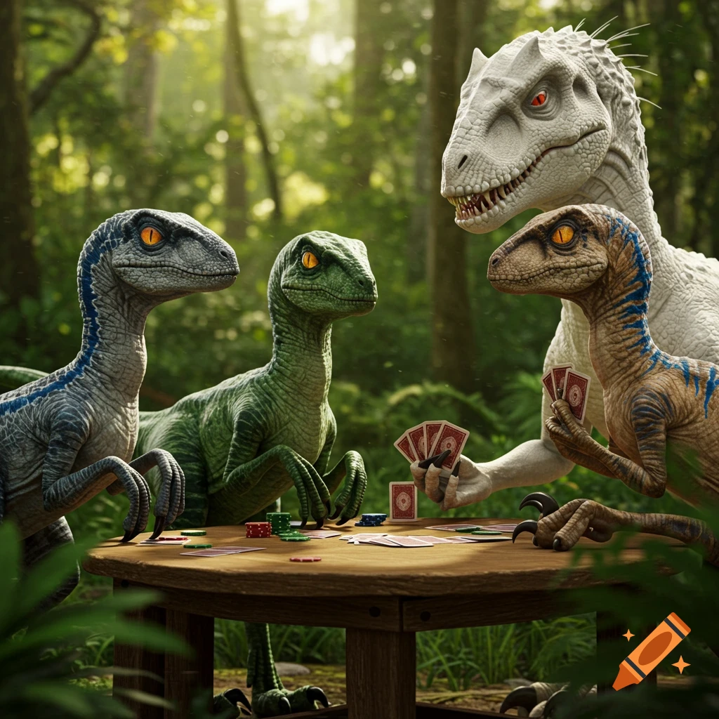 Photorealistic image of four velociraptors and an Indominus Rex playing poker at a wooden table in a dense jungle.