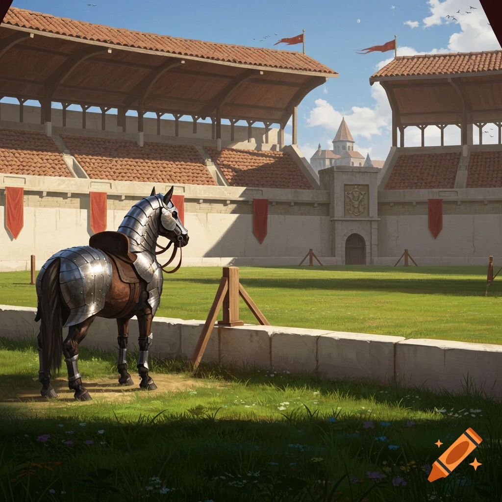 A horse in full armor stands in a sunlit jousting court with grandstands, red pennants, and a castle in the background. Digital painting.
