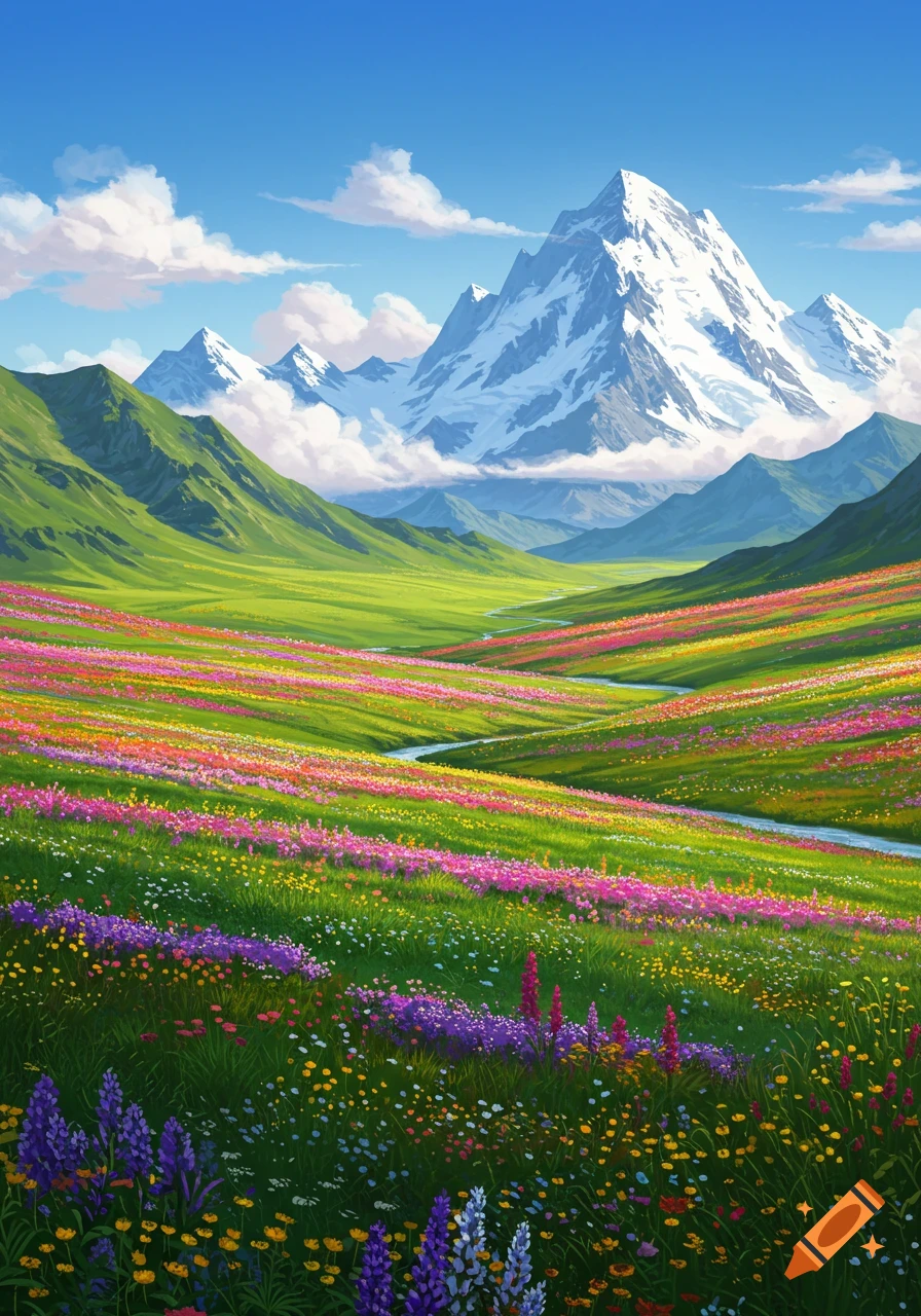 Vibrant valley with colorful wildflowers, a winding river, and snow-capped mountains under a blue sky, in a stylized art style.