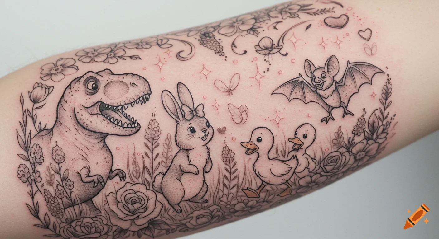 Black and grey cartoon tattoo on a forearm featuring a T-Rex, bunny, two ducklings, and a bat flying amidst flowers.