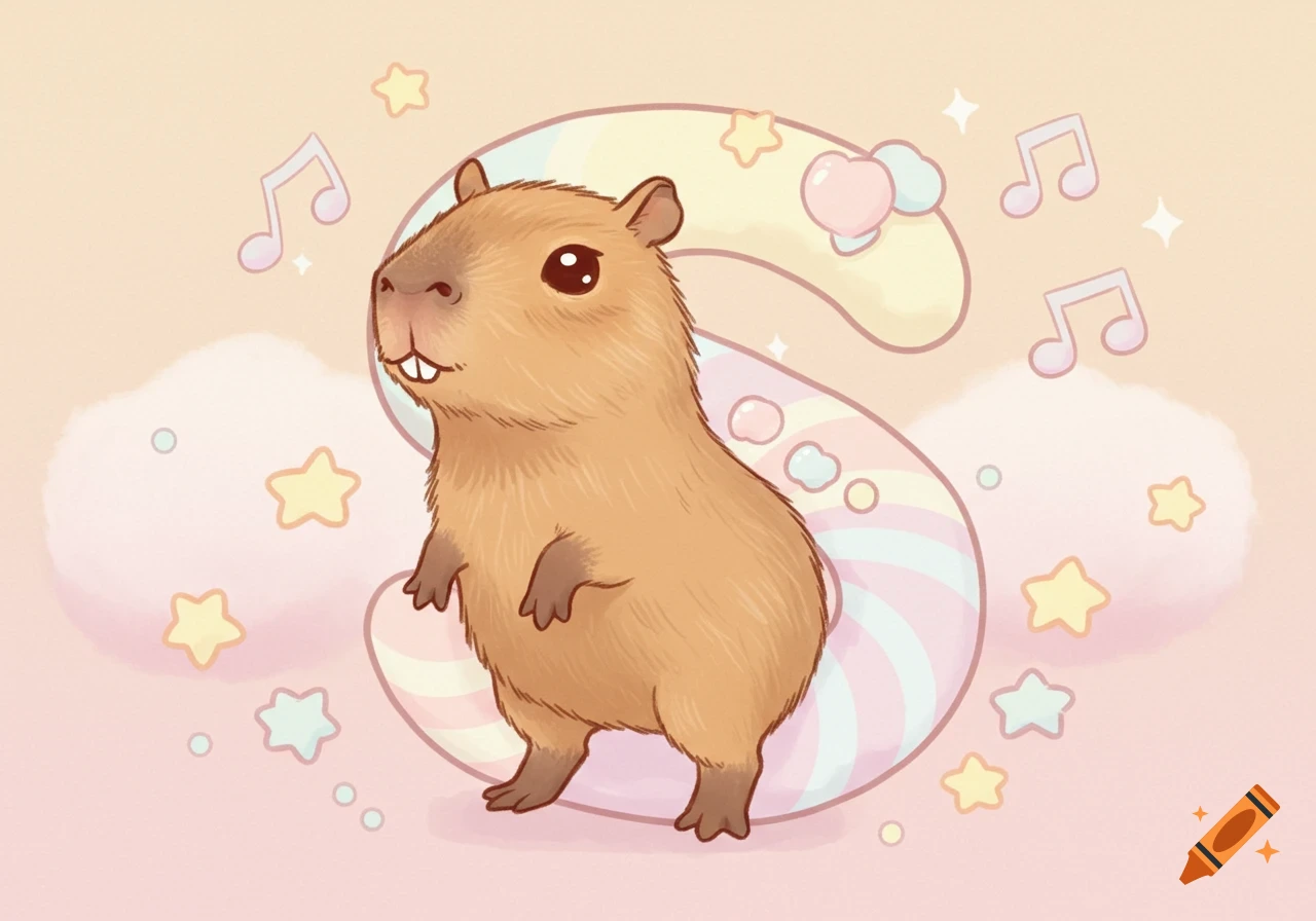 A cute, cartoon capybara standing in front of a pastel-colored letter 'S' with musical notes and stars.