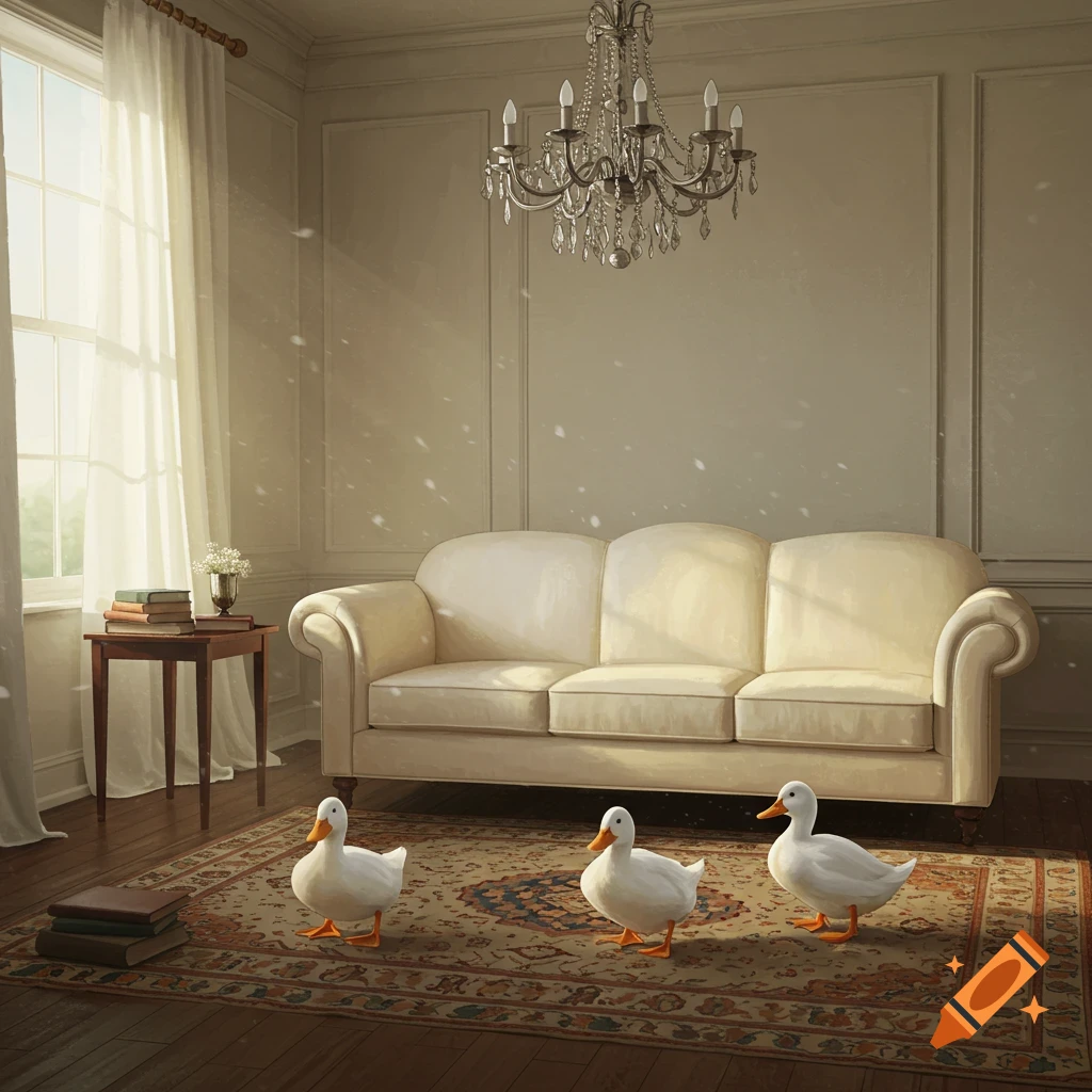 Three white ducks waddle across an ornate rug in a sunlit elegant living room with a cream sofa and chandelier.