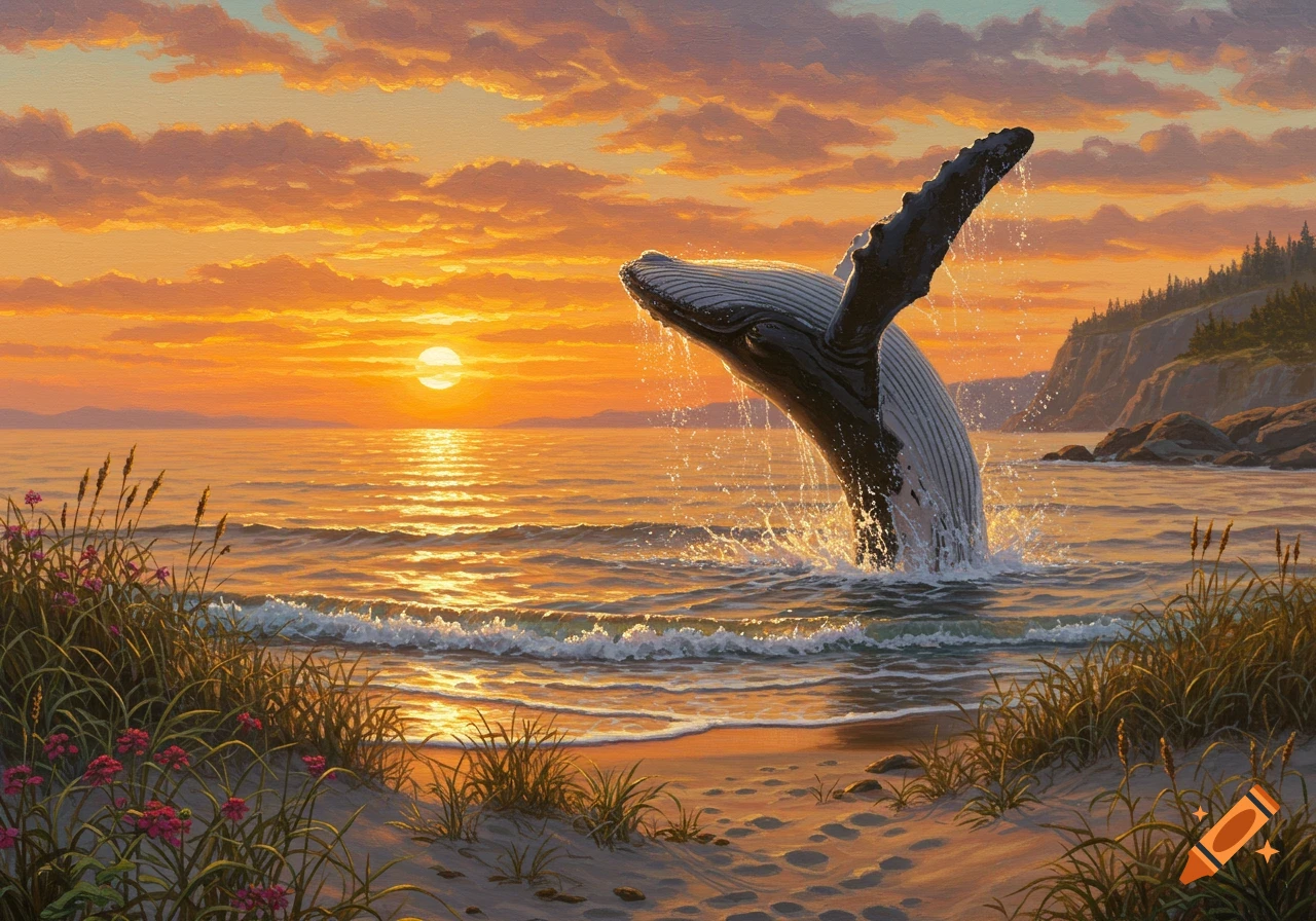 A painting of a humpback whale breaching out of the ocean at sunset, with a coastal landscape, cliffs, and beach plants.