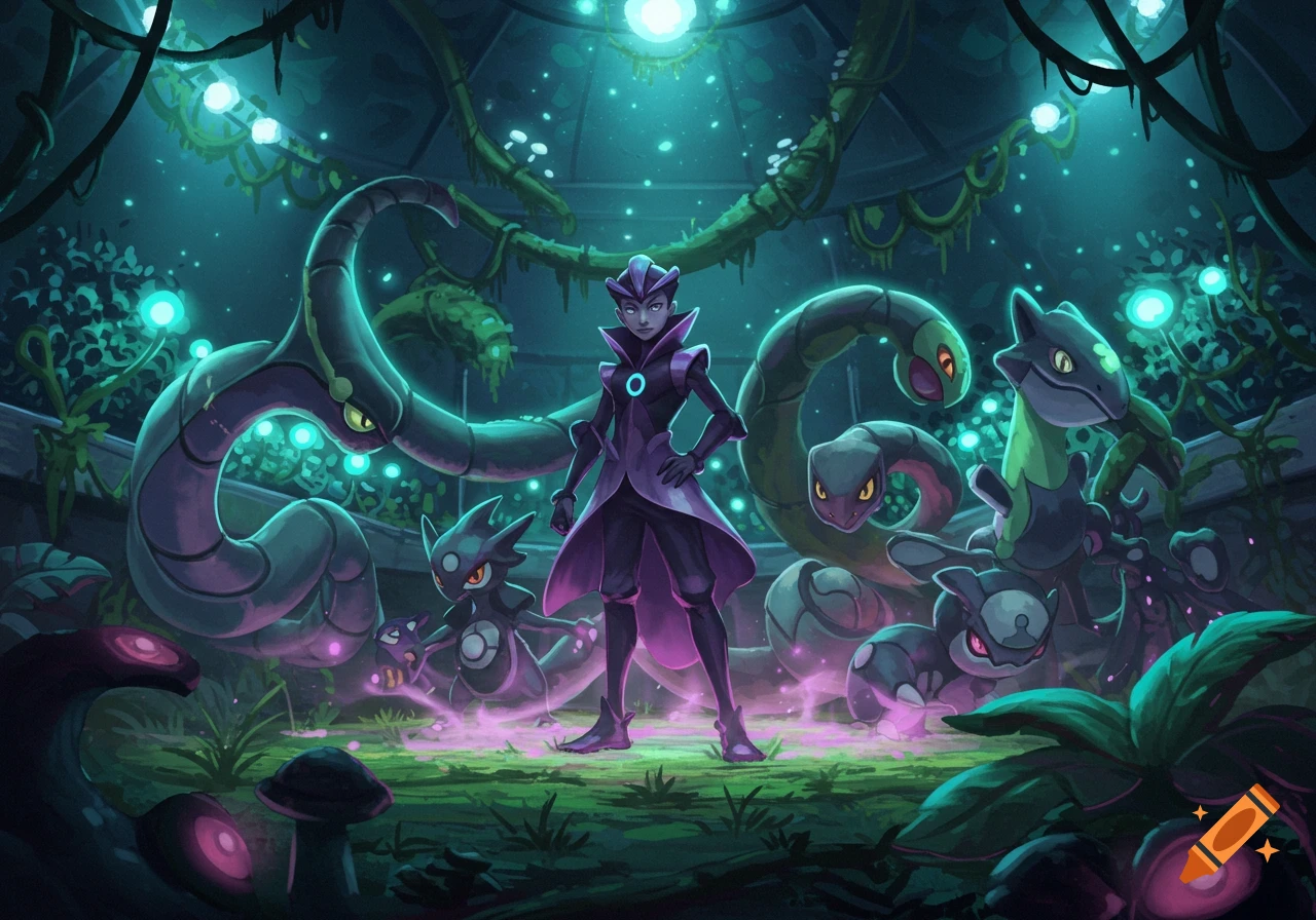 A purple-clad Pokemon trainer stands amidst glowing green and purple snake-like Pokemon in a vibrant, overgrown dome.