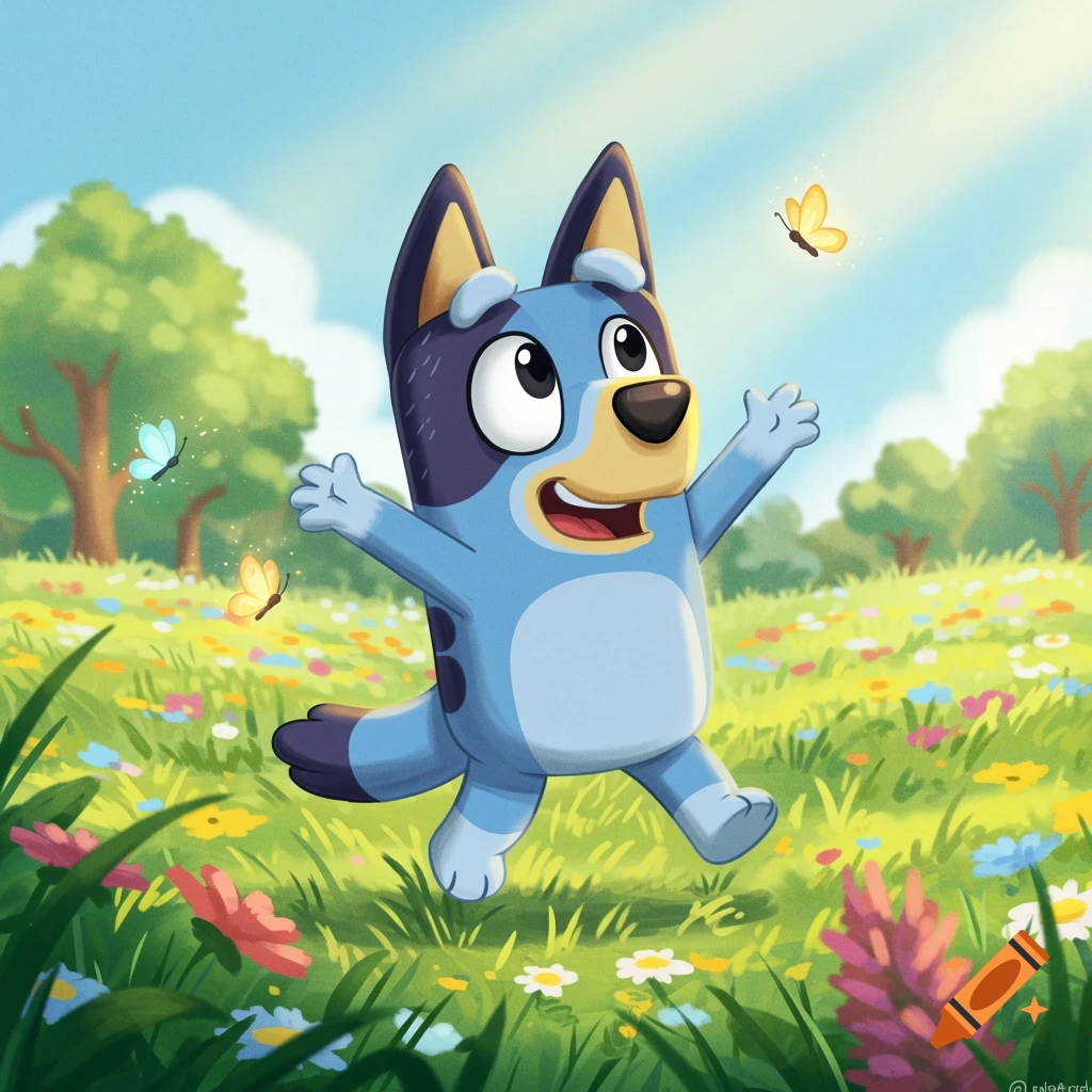 Bluey the cartoon dog happily runs through a sunny, flower-filled meadow with butterflies.