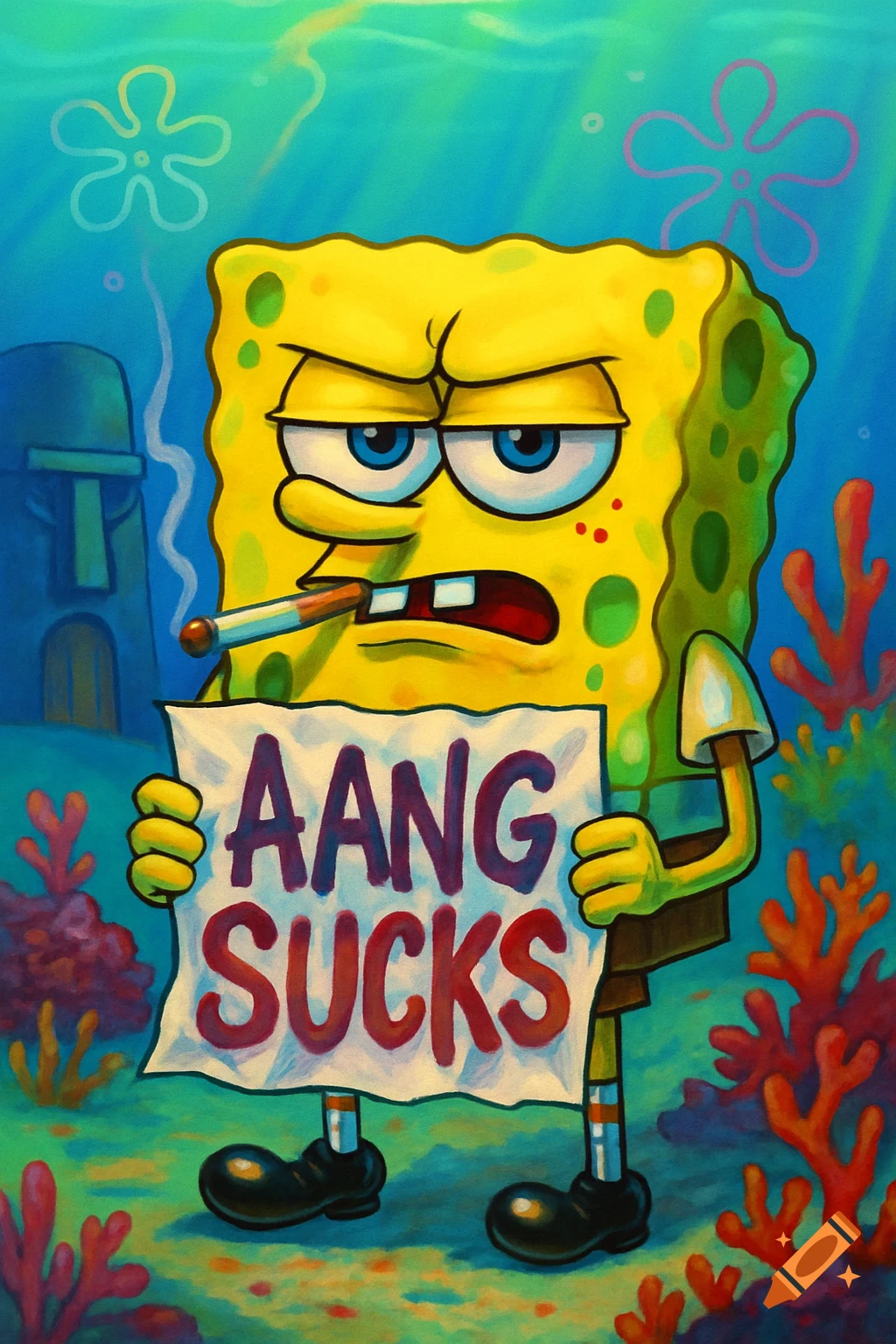 Grumpy Spongebob with a cigarette in his mouth holds a white poster that says 'AANG SUCKS' underwater, with corals and a tiki head house in the background.