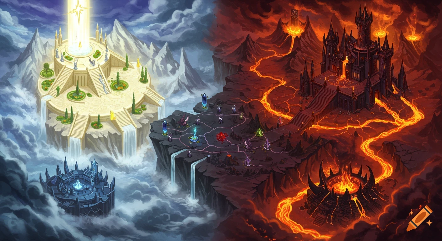 Isometric fantasy map contrasting a luminous heaven with a dark, lava-filled hell, featuring castles and floating islands.