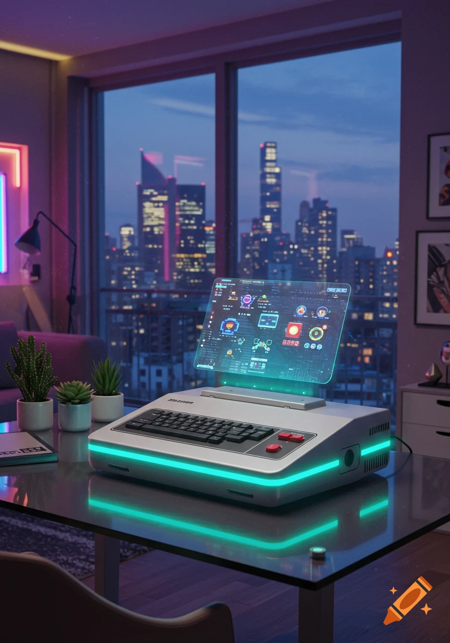 A retro-futuristic computer with a holographic screen, glowing neon accents, in a room overlooking a city skyline at dusk.