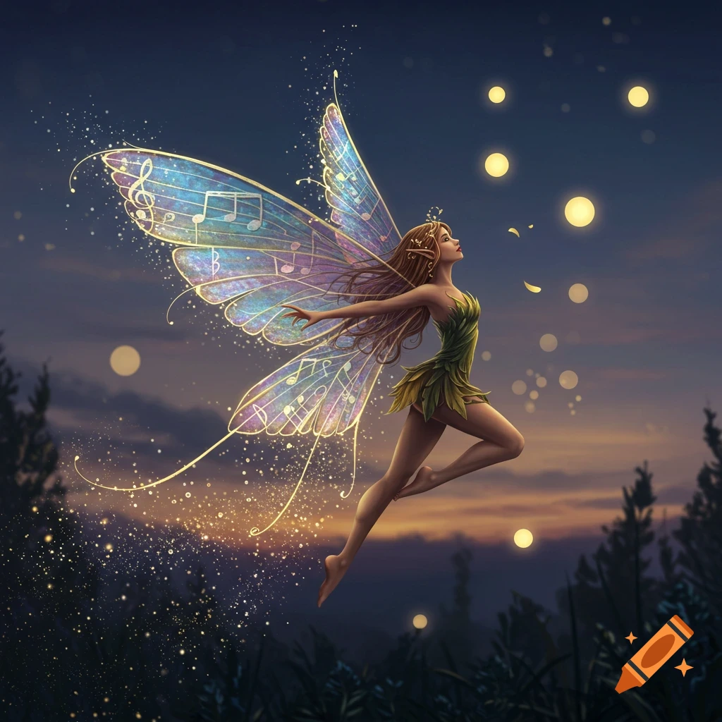 A fantasy fairy with translucent wings patterned with musical notes flies through a magical twilight sky with glowing orbs.