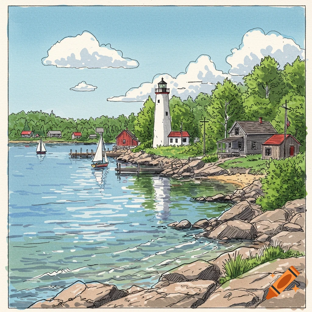 A hand-drawn illustration of a coastal landscape with a white lighthouse, sailboats on the water, and houses among trees.
