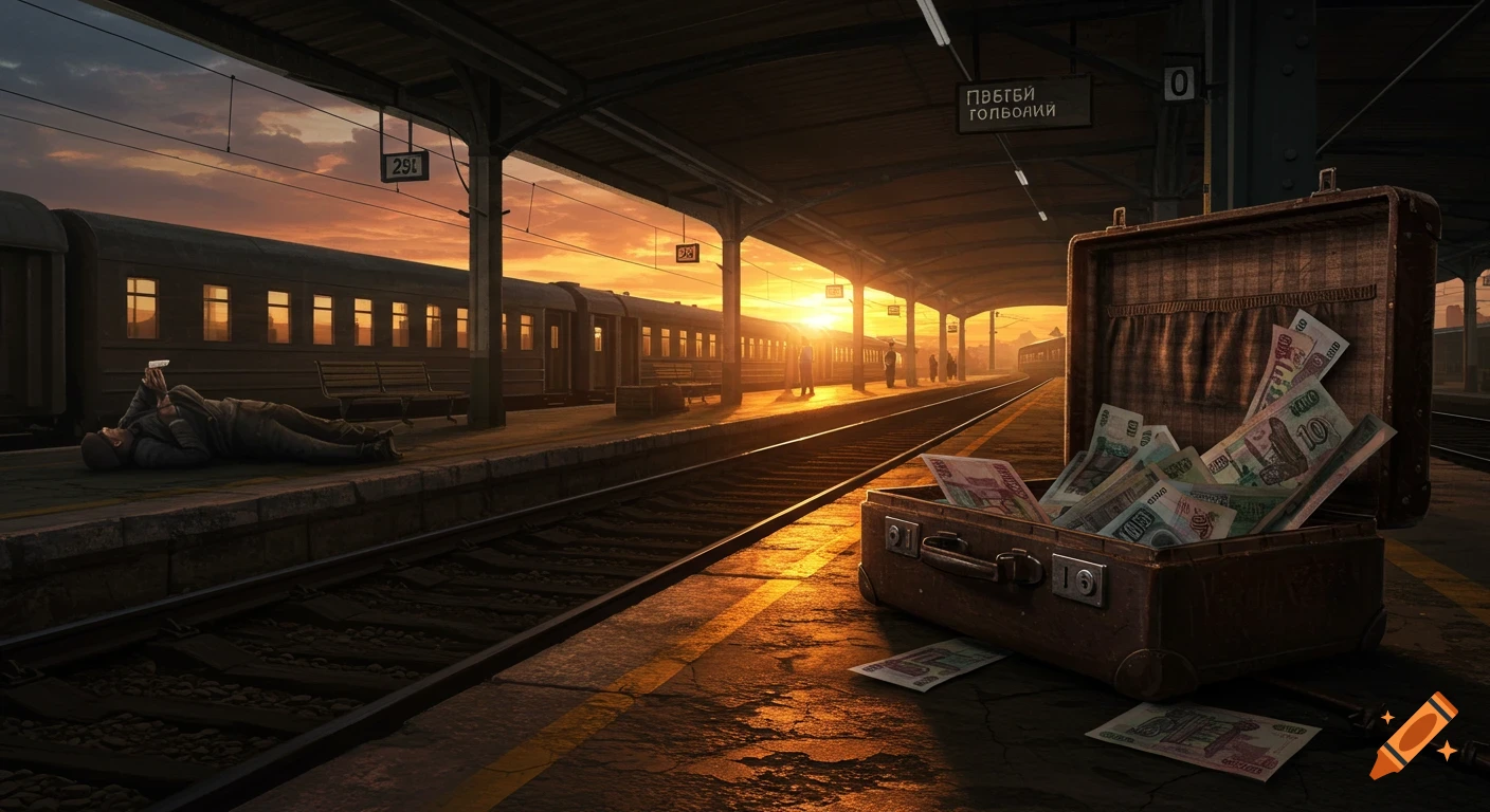 A man lies on a train platform at sunset next to an open suitcase overflowing with fake banknotes, with a train pulling into the station.