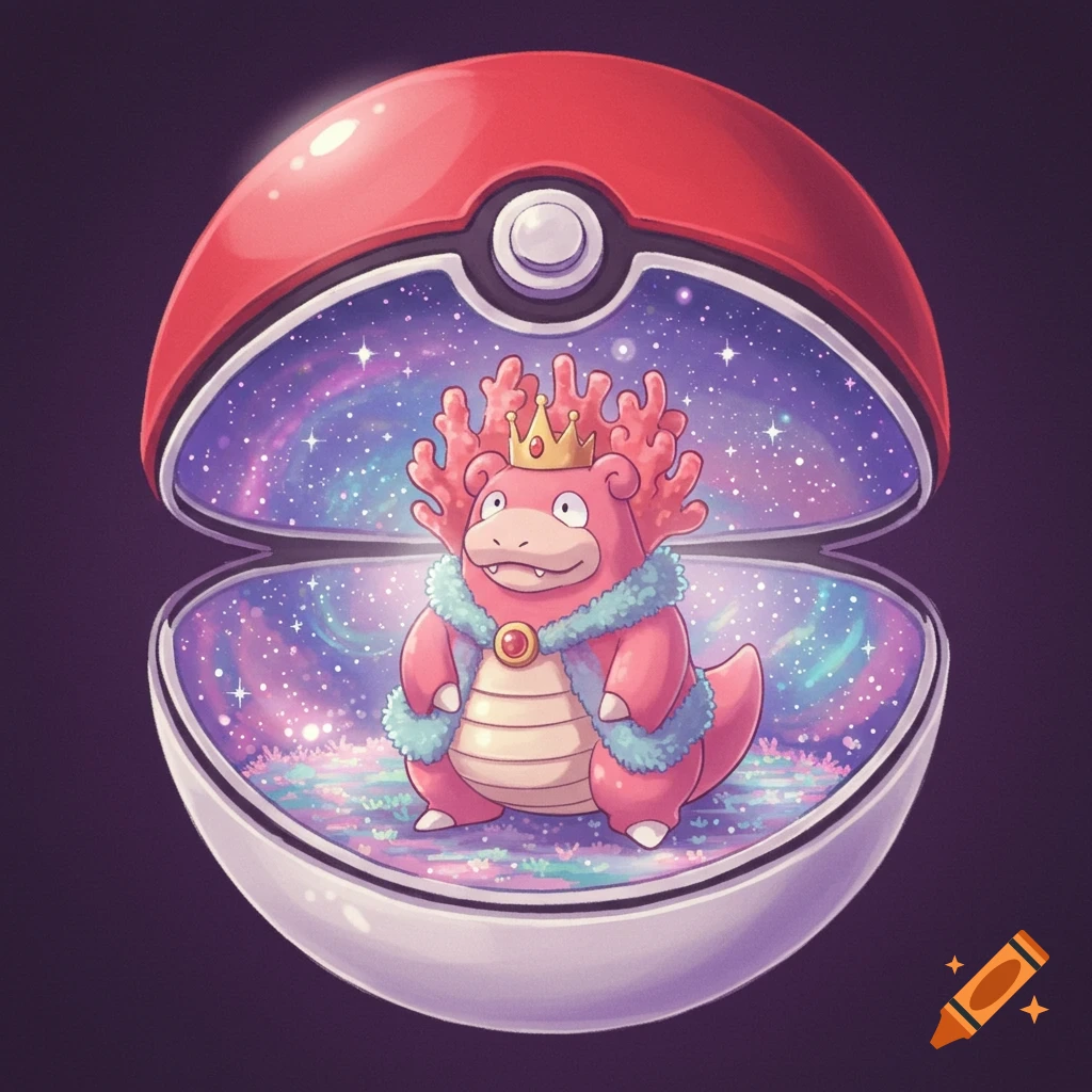Cartoon Slowking in a crown and fur coat inside an open Poké Ball with a galaxy background.
