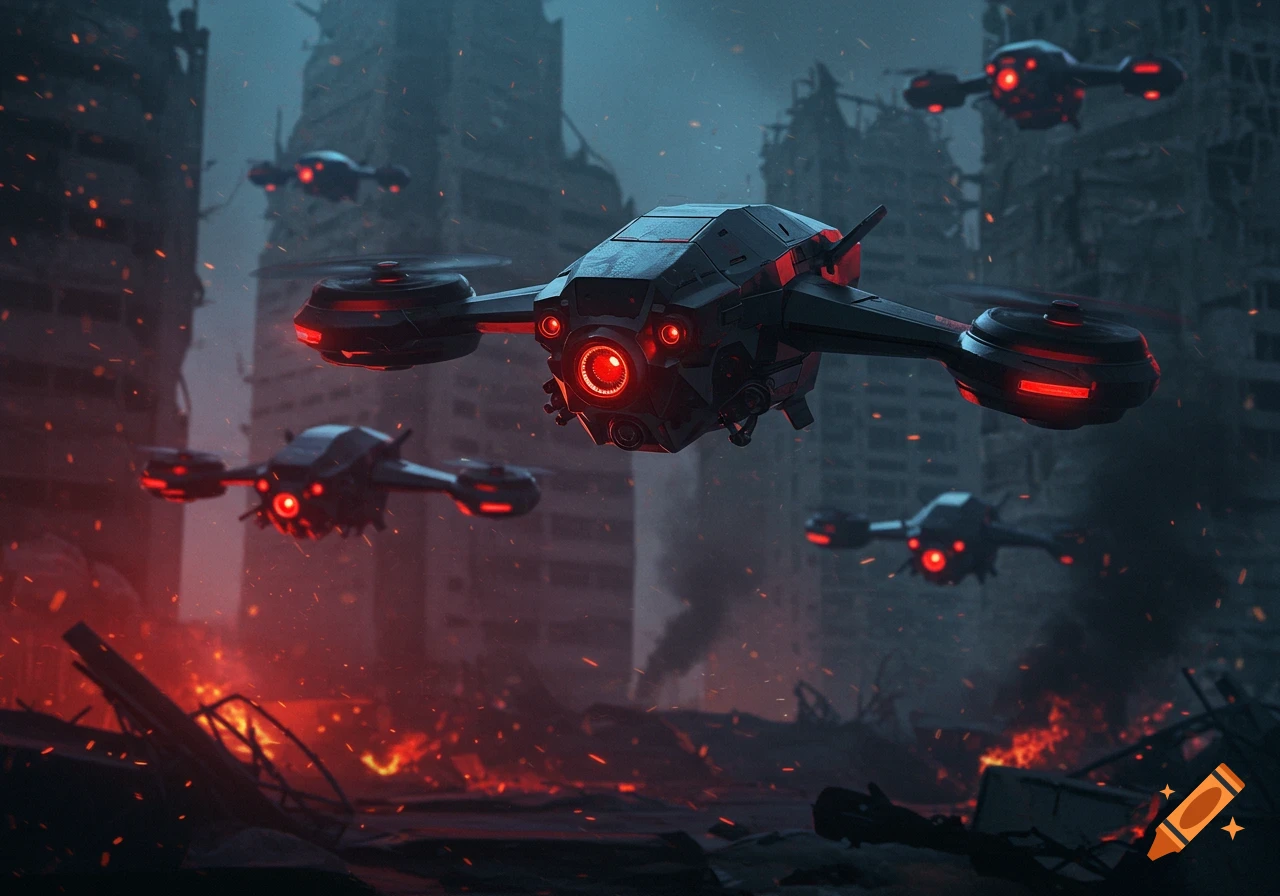 Black futuristic drones with glowing red lights flying over a burning, destroyed city at night, sci-fi art.