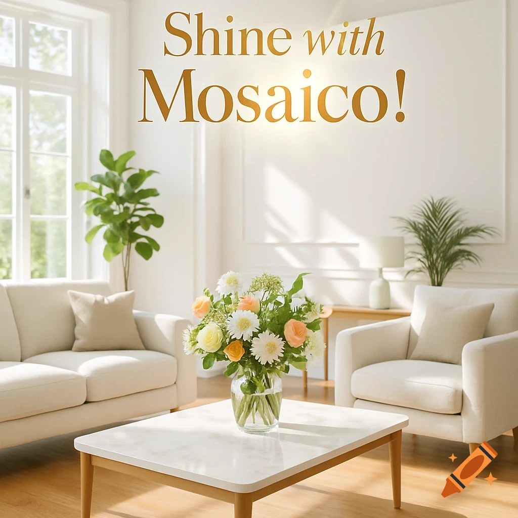 Bright, modern living room with white furniture, plants, flowers on a coffee table, and 'Shine with Mosaico!' text on the wall.