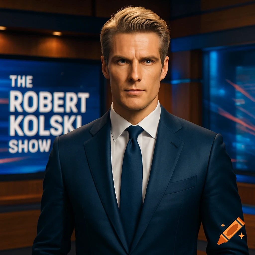 A handsome blonde man in a navy suit and tie stands in a news studio with 'THE ROBERT KOLSKI SHOW' on a screen behind him.