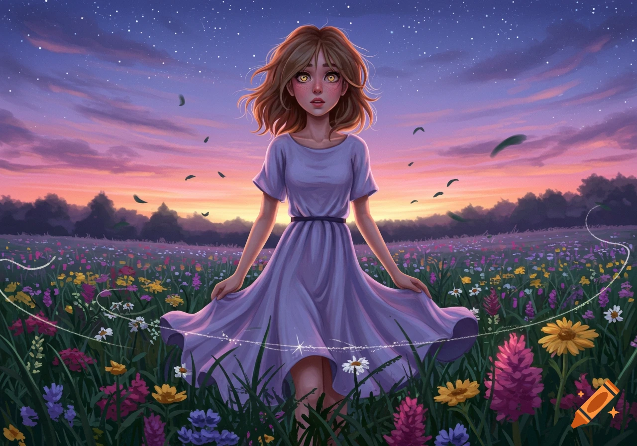 A stylized illustration of a girl in a purple dress standing in a vibrant field of wildflowers under a starry, twilight sky with purple and orange clouds.