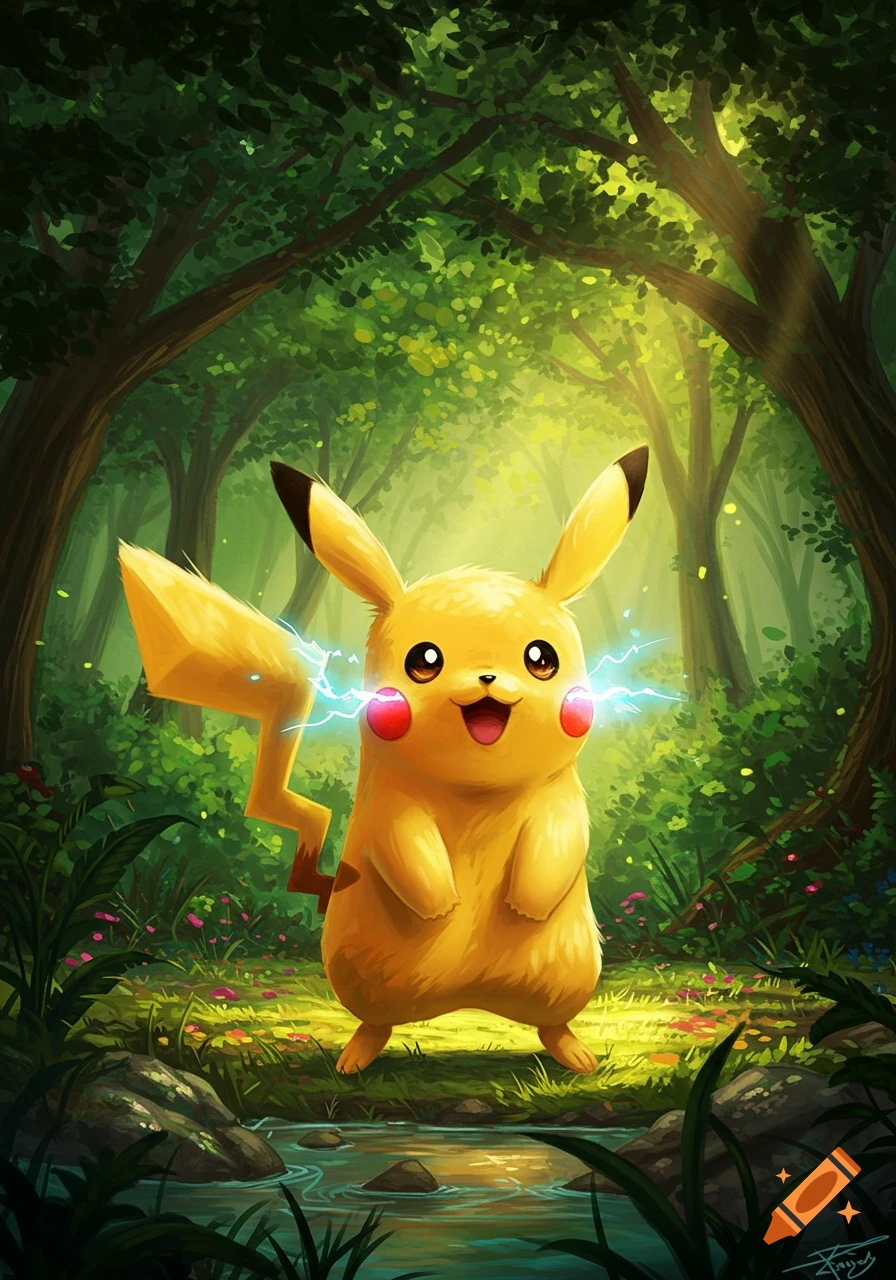 A smiling Pikachu emitting electricity from its red cheeks, standing in a vibrant, sun-dappled forest with a small stream.