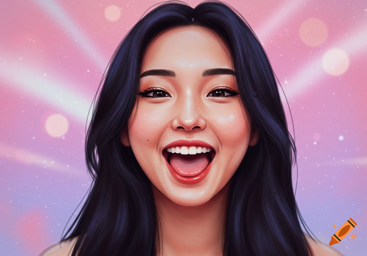 Vibrant digital painting of a smiling Asian woman with dark hair and open mouth against a pink starry background.
