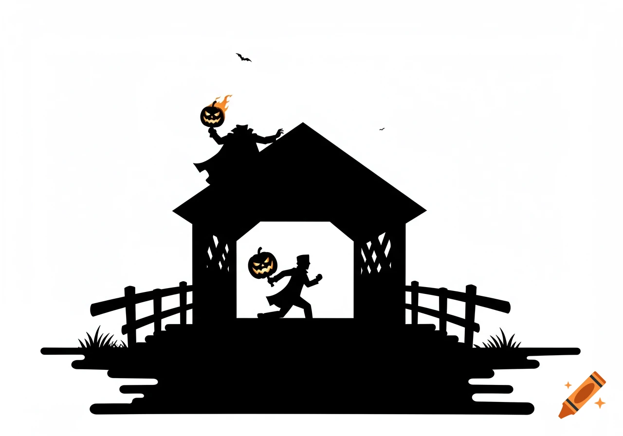 Black and white silhouette of the Headless Horseman on a covered bridge, chasing Ichabod Crane with a flaming pumpkin.