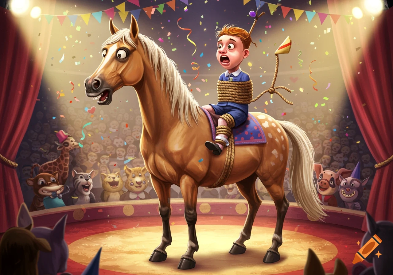 A scared cartoon boy tied to a wide-eyed horse in a circus ring with confetti falling, watched by an audience of cartoon animals.