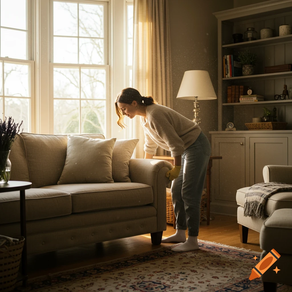 A woman in a cozy living room, illuminated by sunlight, bends over to clean behind a sofa, wearing yellow gloves and white socks.