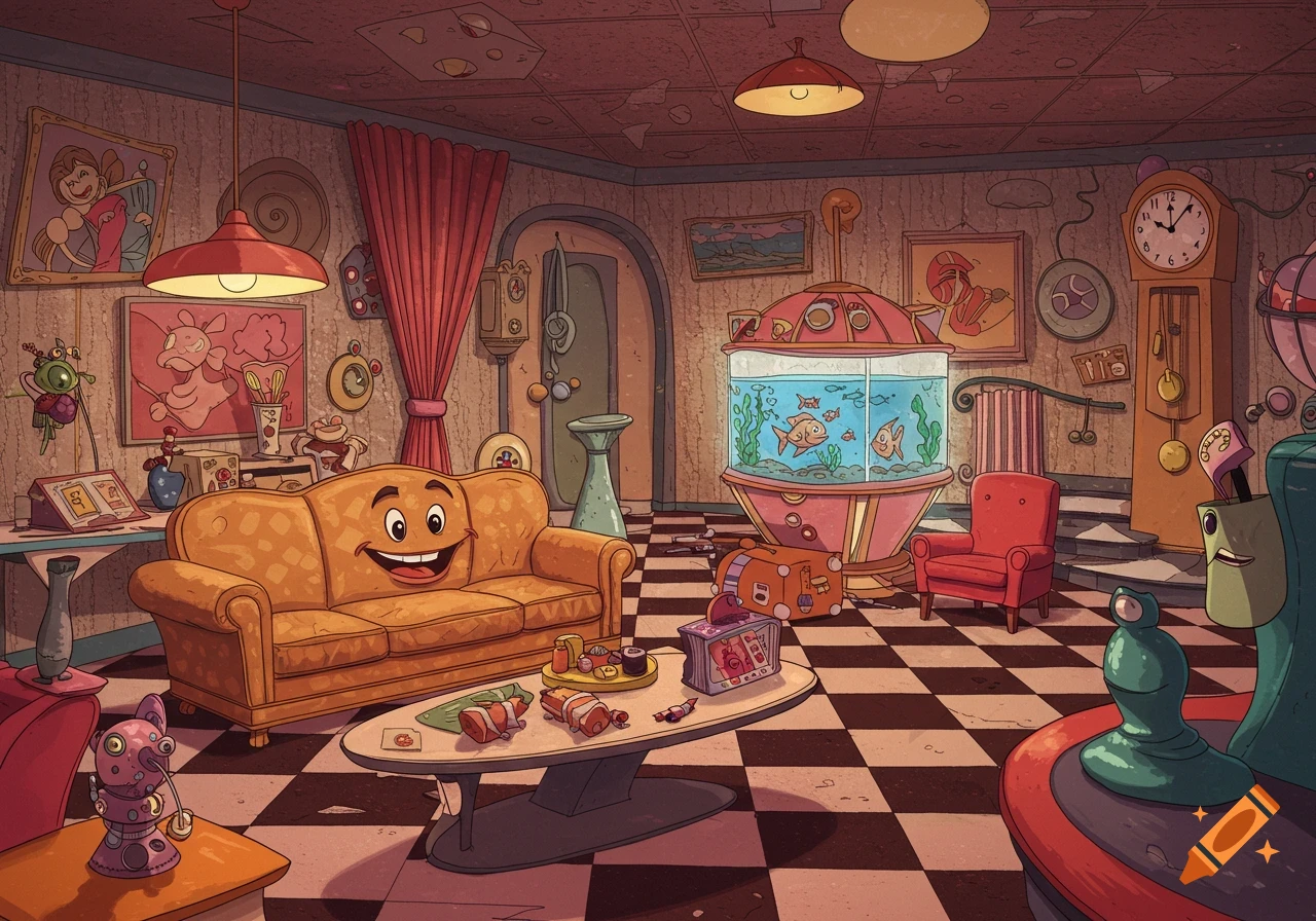 A whimsical, cartoon-style living room with a smiling orange couch, a futuristic fish tank, a grandfather clock, and quirky decor.