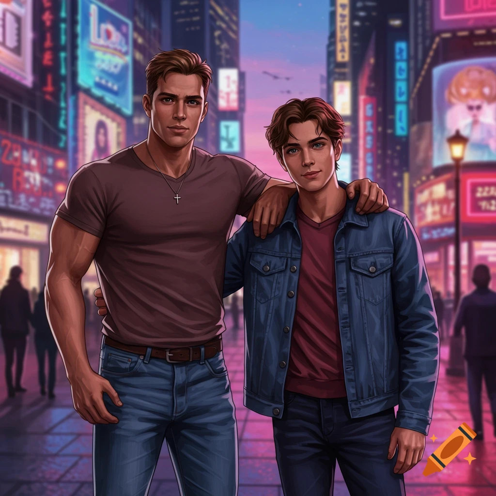 Two young men, one with an arm around the other, stand on a neon-lit city street at dusk, in an illustrative style.