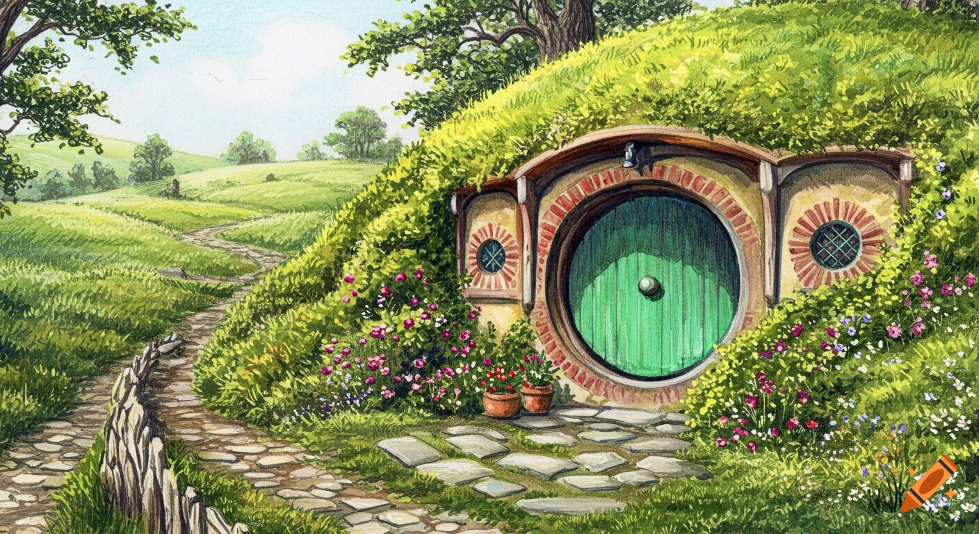A vibrant watercolor sketch of a hobbit home with a green round door in a grassy hill, a stone path leading through a rolling landscape.