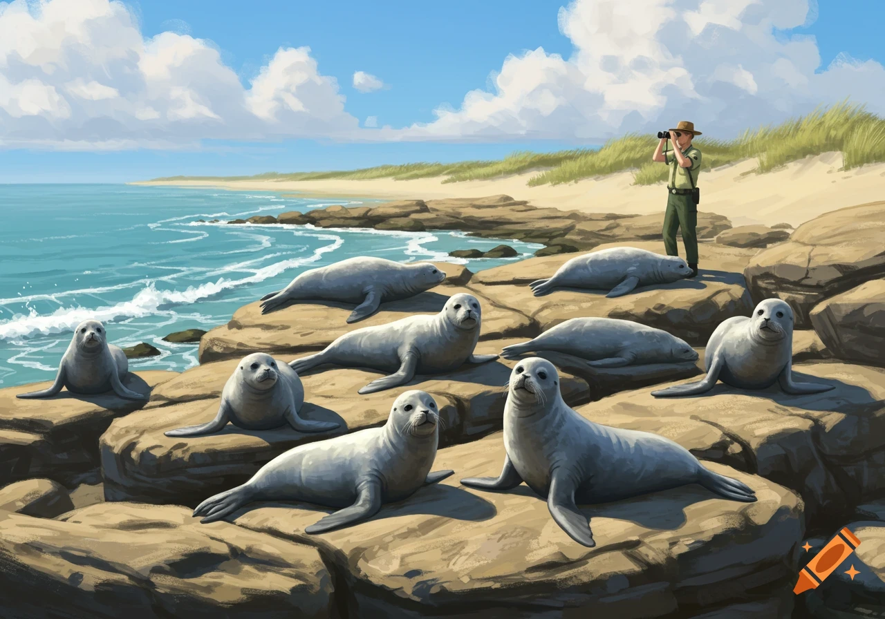 Illustrated scene of several seals resting on rocks on a sunny beach while a park ranger watches them through binoculars.