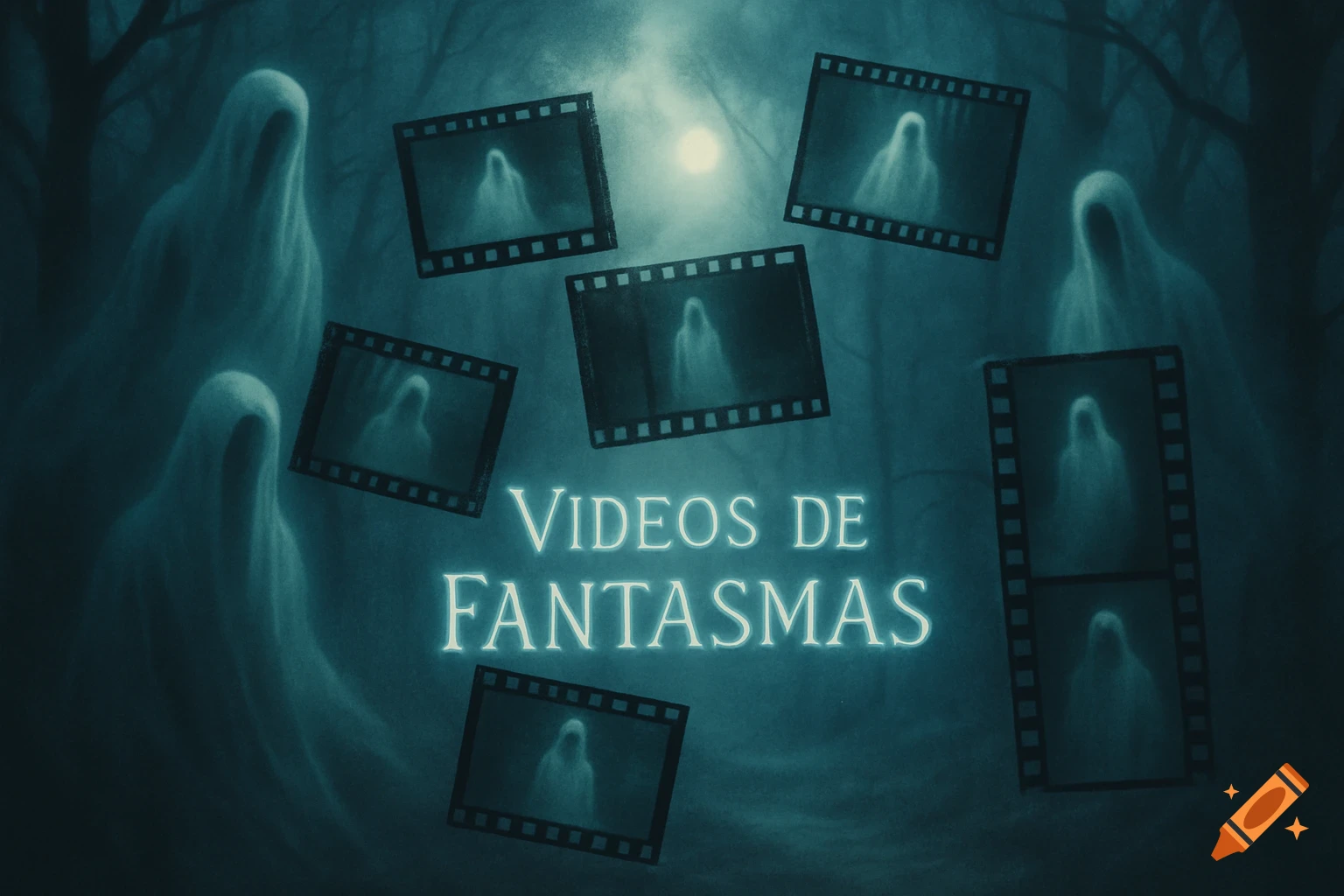 Eerie image of several ghostly figures in a misty, dark forest with floating film strips, reading 'VIDEOS DE FANTASMAS'.