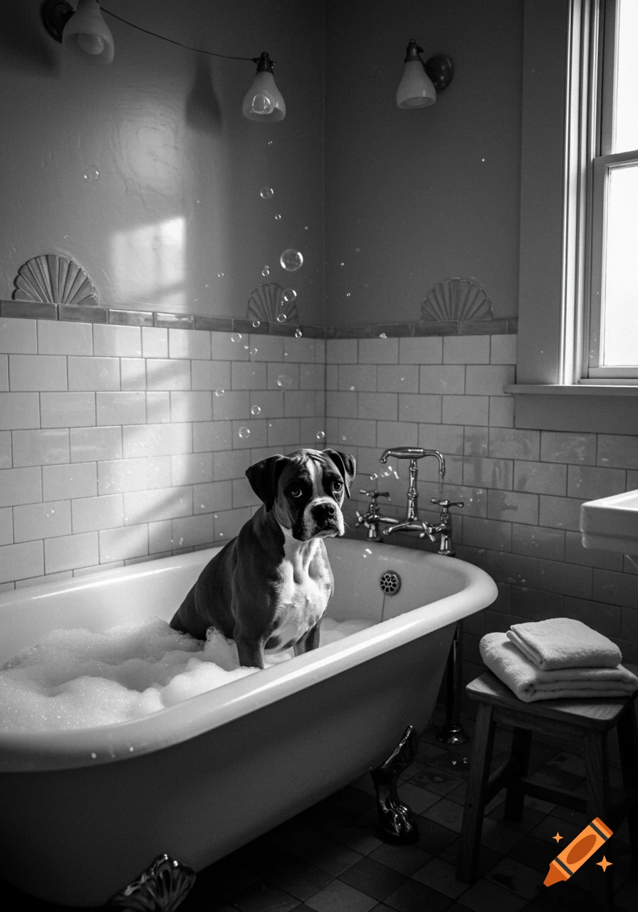 Black and white photo of a boxer dog sitting in a bubble bath in a classic bathroom.
