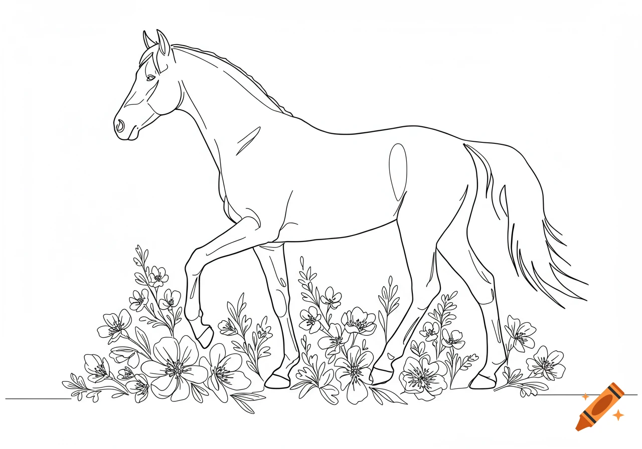 Line drawing of a horse standing among flowers.
